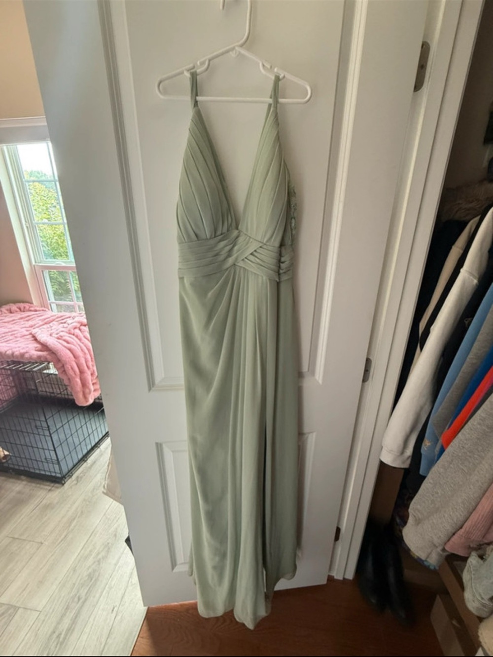 Azazie Sage Green Pleated V-Neck Maxi Dress